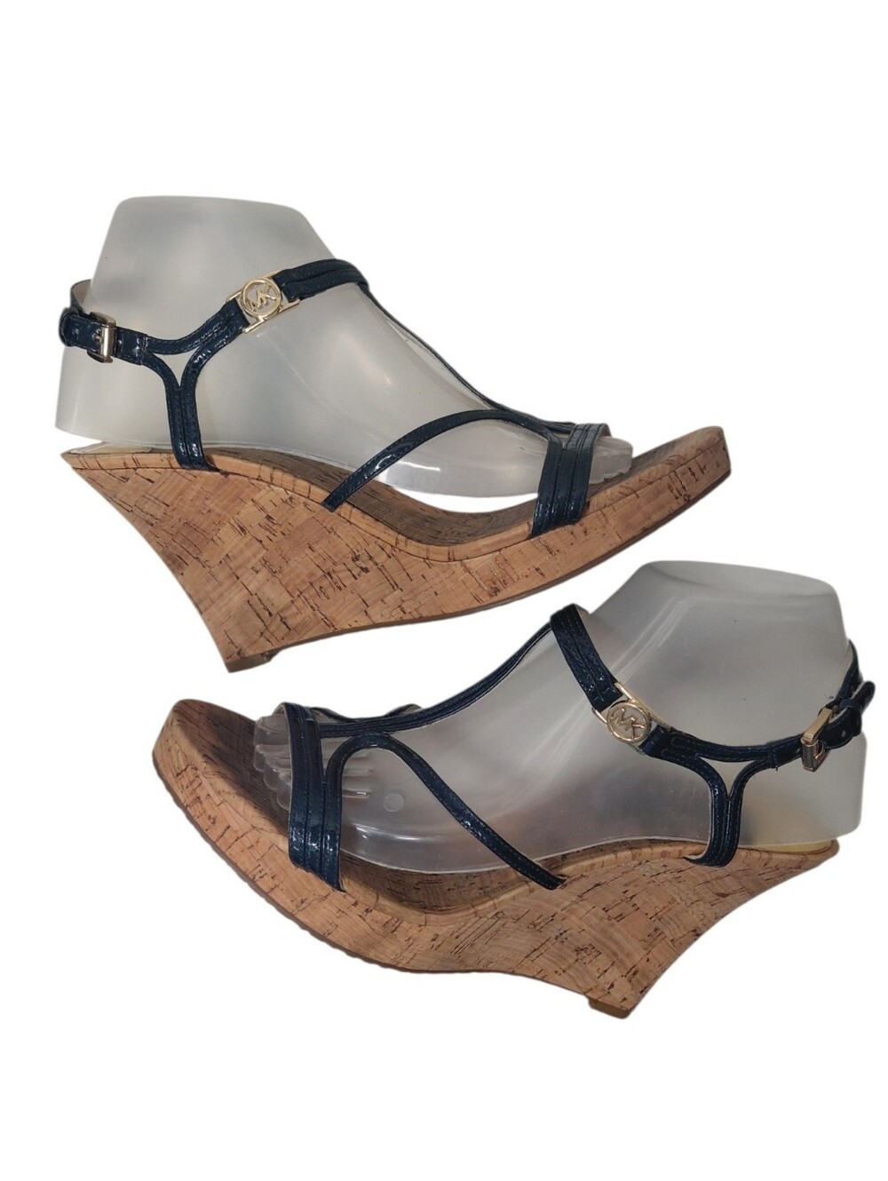 Michael Kors Cicely Navy Leather T-Strap Cork Wedge Sandals